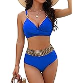 BMJL Womens High Waisted Bikini Sets Tummy Control Colorblock Swimsuits Modest Metal Two Piece Bathing Suit