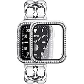 Mosonio Compatible for Apple Watch Band 46mm with Screen Protector Case Women, Jewelry Metal Chain with 2P Bling Cover for iWatch Series 11 10(Silver Link with White Leather)