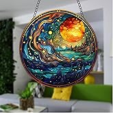 JUNWALL The Moon and Stars Acrylic Window Hanging, Mountains Lake Stained Acrylic Window Decor Hanging Ornaments Indoor Outdoor Garden Stained Art Panel Gift for Women Christmas Thanksgiving