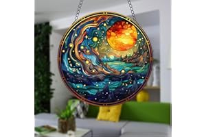 JUNWALL The Moon and Stars Acrylic Window Hanging, Mountains Lake Stained Acrylic Window Decor Hanging Ornaments Indoor Outdoor Garden Stained Art Panel Gift for Women Christmas Thanksgiving