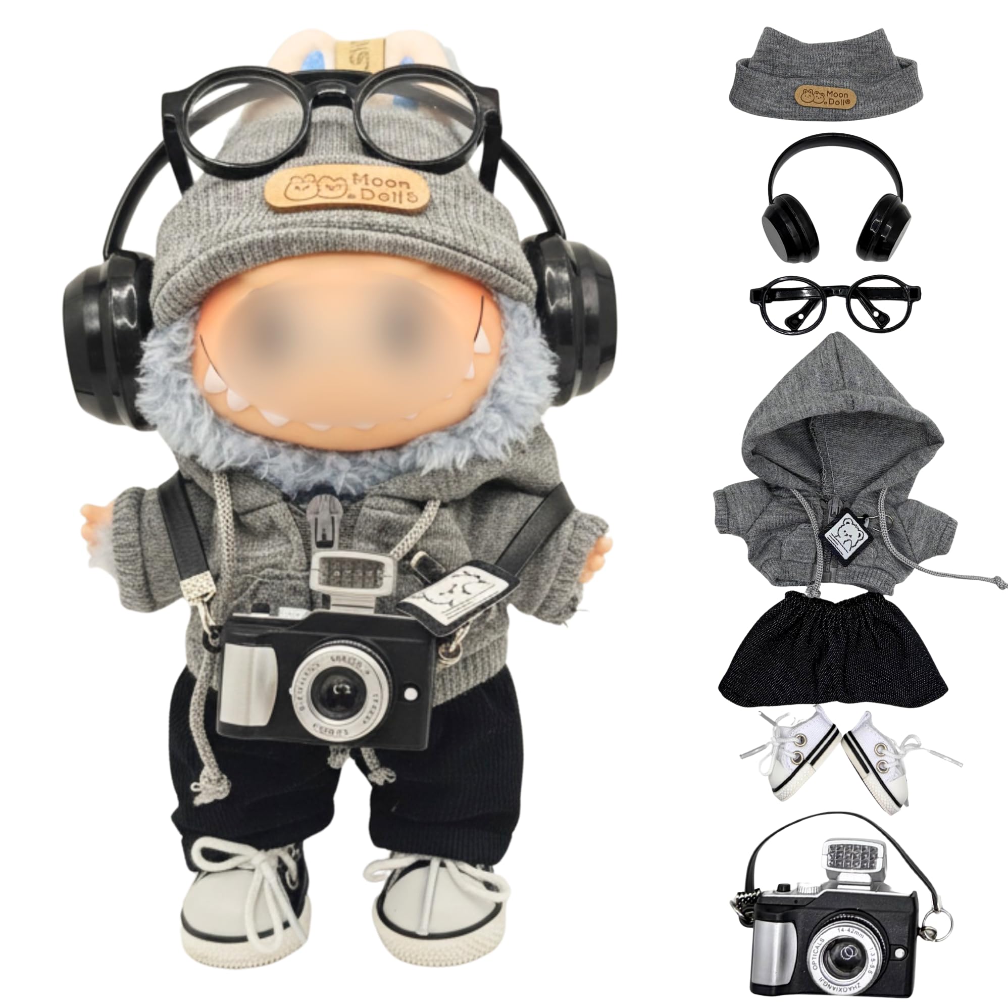 Photo 1 of Clothes for 17cm(6.7inch) Labubu, – 7 PCS Street Photographer Outfits for Labubu, Interactive Camera, Zippered Hoodie, Hat, Sneakers, Glasses, Headphone, Pants
