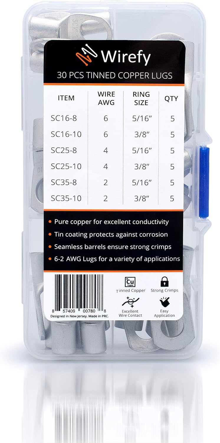 Wirefy 30 PCS Tinned Copper Wire Lugs - Battery Cable Ends - Crimp Wire Connectors - Ring Terminals - 6-2 AWG: Home Improvement
