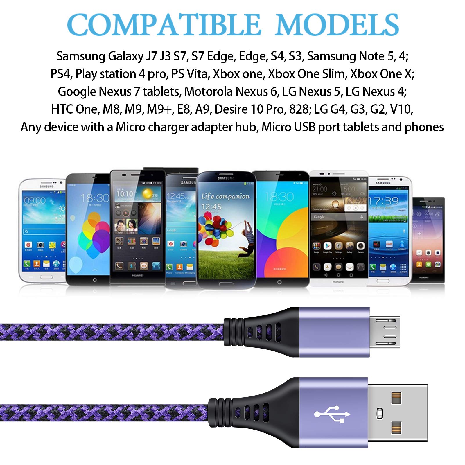Micro USB Cables [4Pack/6Ft] AILKIN Android USB 2.0A Male to Micro B Charger Cord, Fast Charging Speed Data Wire Nylon Colored Braided Powerline Cable for Samsung Galaxy S7 S6 J7 J3 J8 A01 Kindle Fire