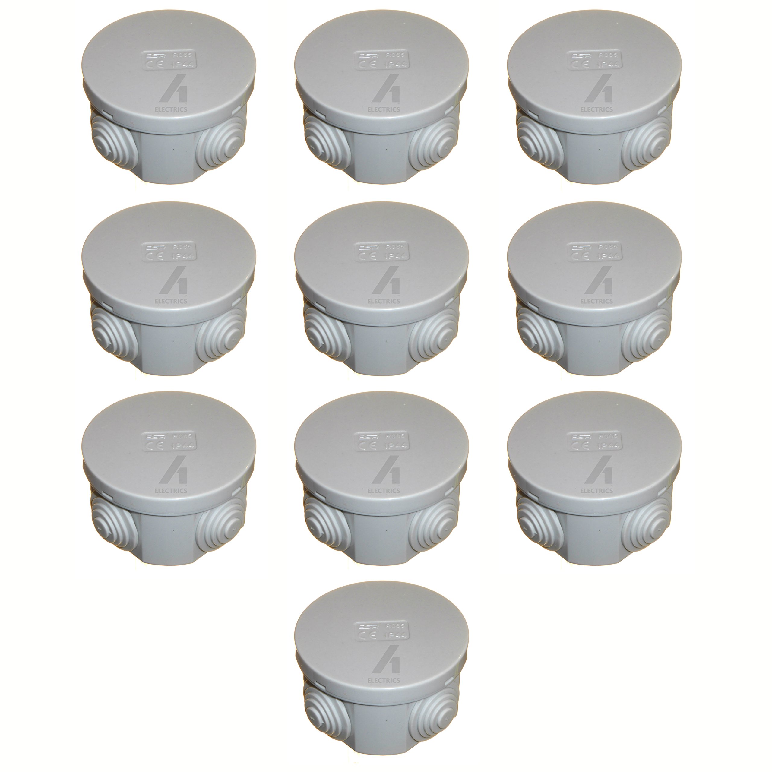10 x Grey Junction Box Round 65mm Cable Connector IP44 Splashproof with Rubber Grommets and Snap On Lid 65x35