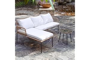 HOMSIDO Outdoor Patio Rope Woven Furniture Set of 3,Boho Woven Balcony Furniture Right Left L-Shaped Conversation Sofa Set for Backyard,Porch,Detachable Lounger with White Thickness Cushions, Side Table