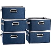 PRANDOM Large Collapsible Storage Baskets for Closet [5-pack] Decorative Fabric Storage Bins Cubes with Leather/Metal Handles for Shelves Bedroom Living Room Royal Blue (14.9x9.8x8.3 Inch)