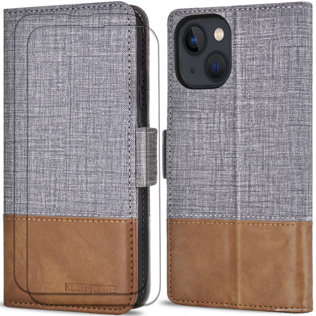 KEZiHOME Wallet Case for iPhone 13, PU Leather [Tempered Glass Screen Protector * 2][Magnetic Closure][RFID Blocking][TPU Shockproof][Kickstand] Flip Cover for iPhone 13 5G (6.1) (Gray/Brown) — image 1
