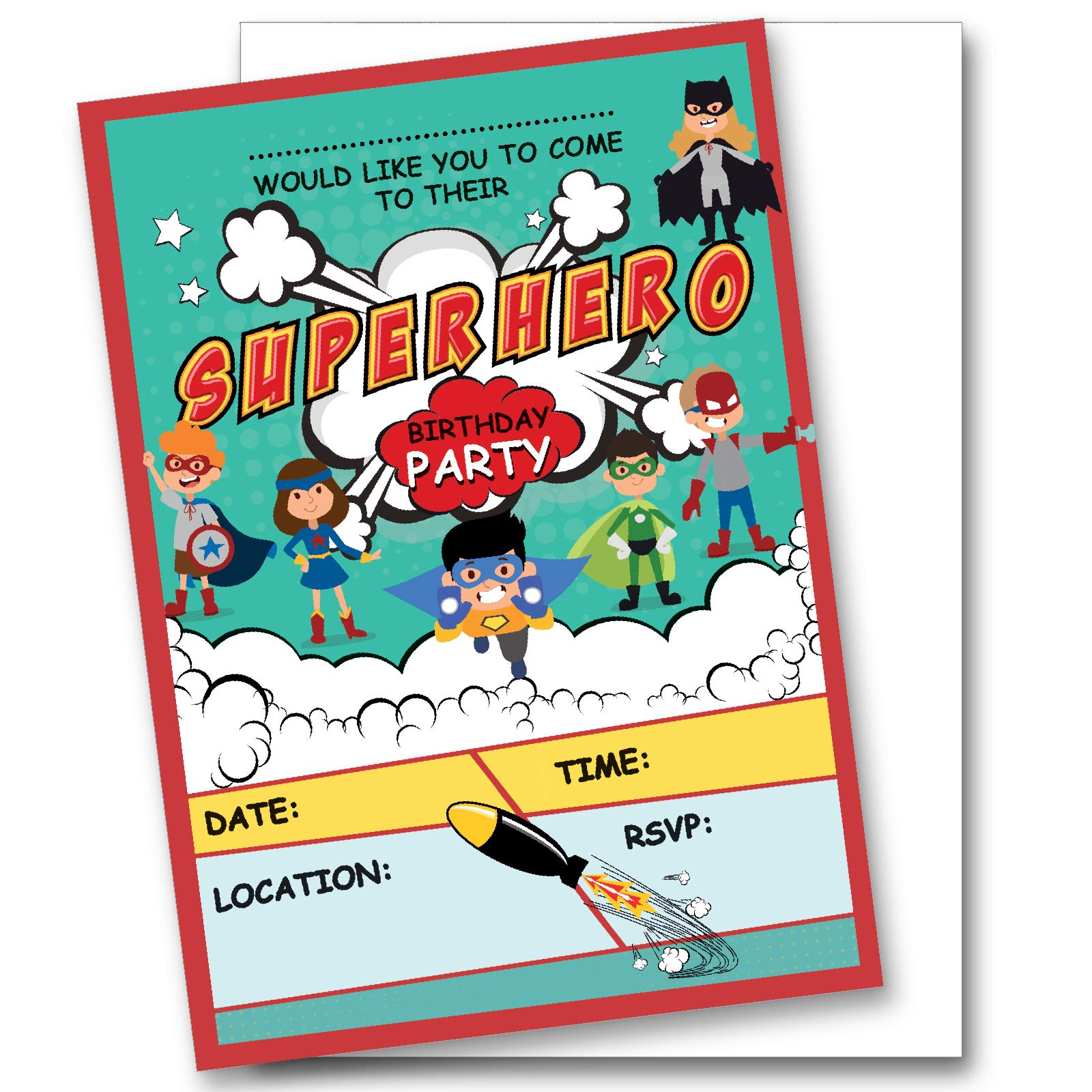 Shmaki 20 x Superhero Birthday Party Invitations Invites Boy And Girl Children Kids Pack With Envelopes