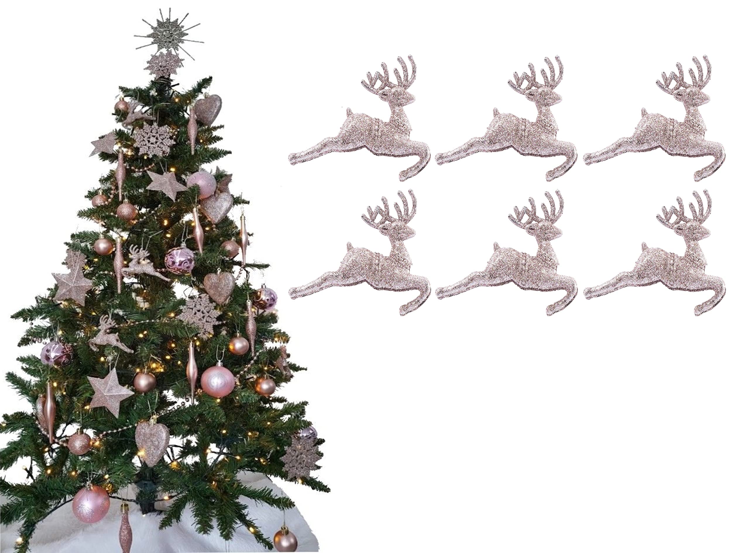 Pack of 6 - Hanging Glitter Reindeer Christmas Tree Decorations - 2.2cm x 9.5cm (Rose Gold)