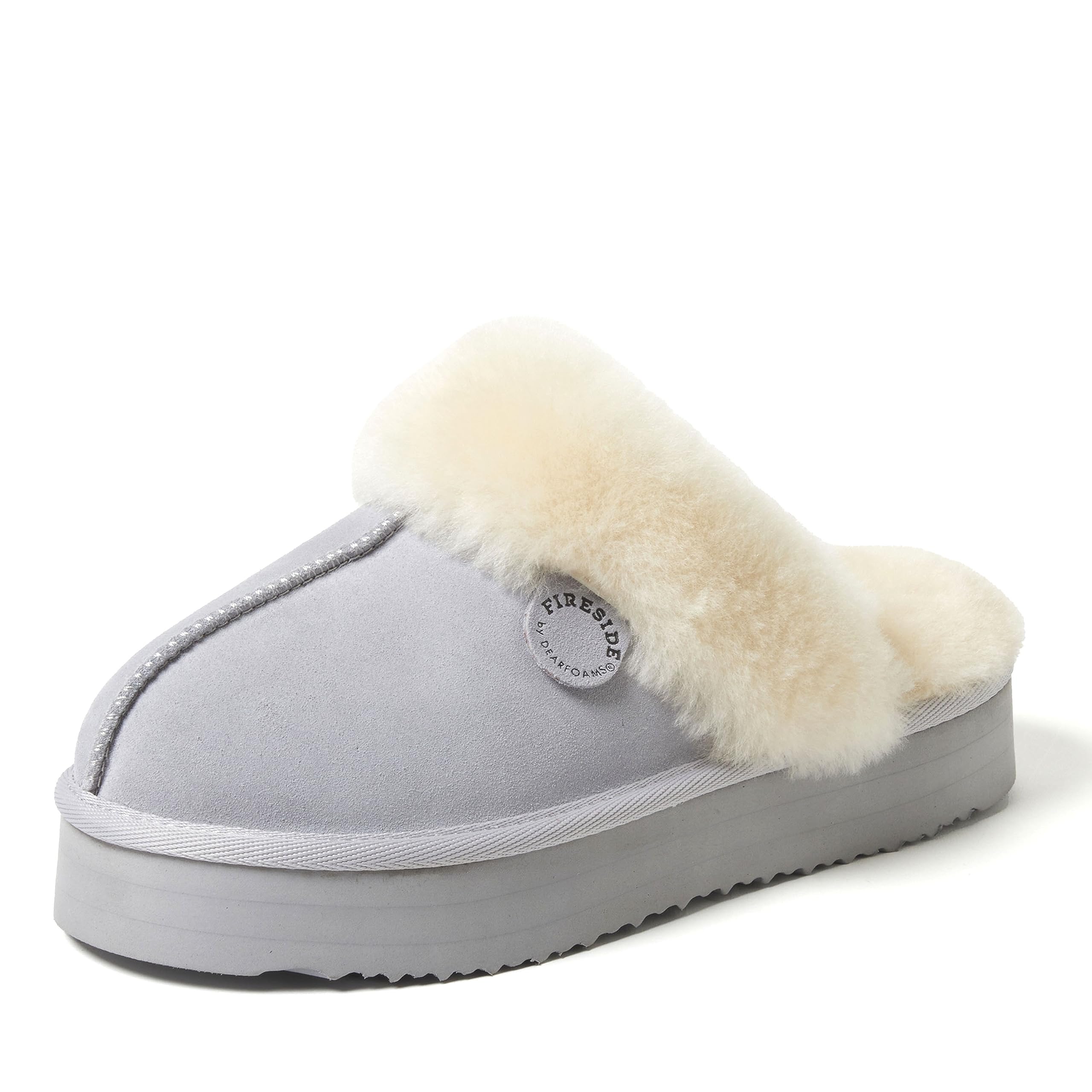 Dearfoams Womens Fireside Sydney Shearling Fur Indoor/Outdoor Scuff With Wide Widths Slipper, Sleet Platform, 11