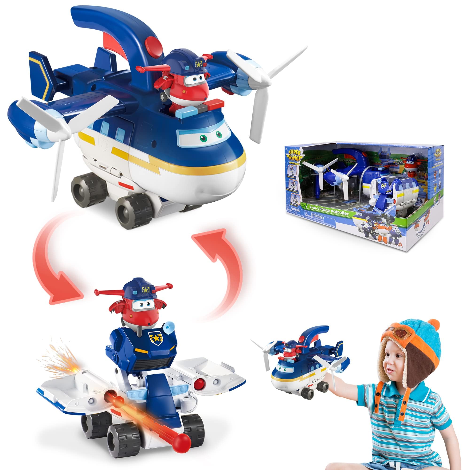 Super Wings 2-in-1 Police Patroller Vehicle Paul and Jett Transformers Toys for 3+ Year Old Boy Girl