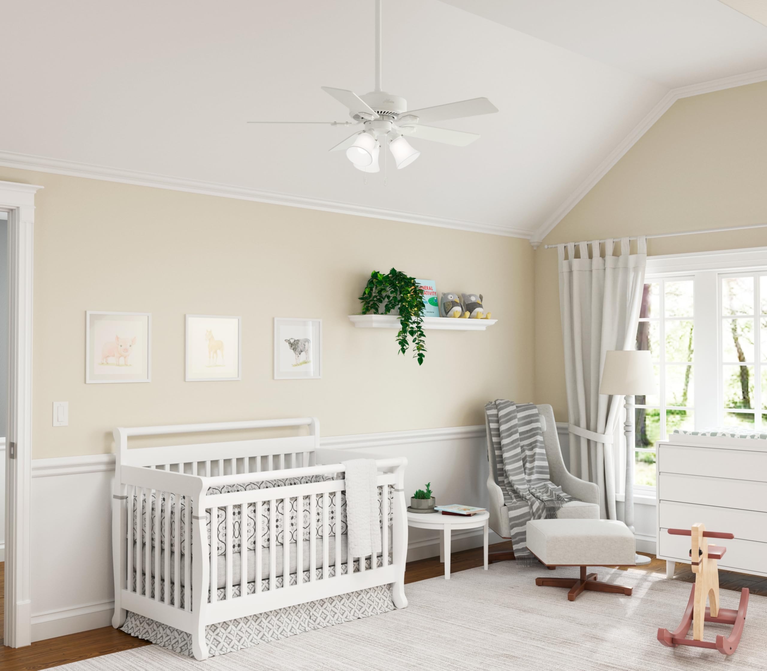 Hunter 44 inch Indoor Ceiling Fan with LED Lights - White Ceiling Fan with Pull Chain, For Bedroom, Living Room, or Kitchen, Standard Mount, No Remote, 5 Blades - Swanson 50885, Fresh White