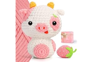 Mewaii Crochet Kit for Beginners, Crochet Animal Kit with Step-by-Step Video Tutorial, Learn to Crochet Starter Kit with 40%+ Tape Yarn, DIY Crochet Gifts for Kids Adults (Strawberry Cow)