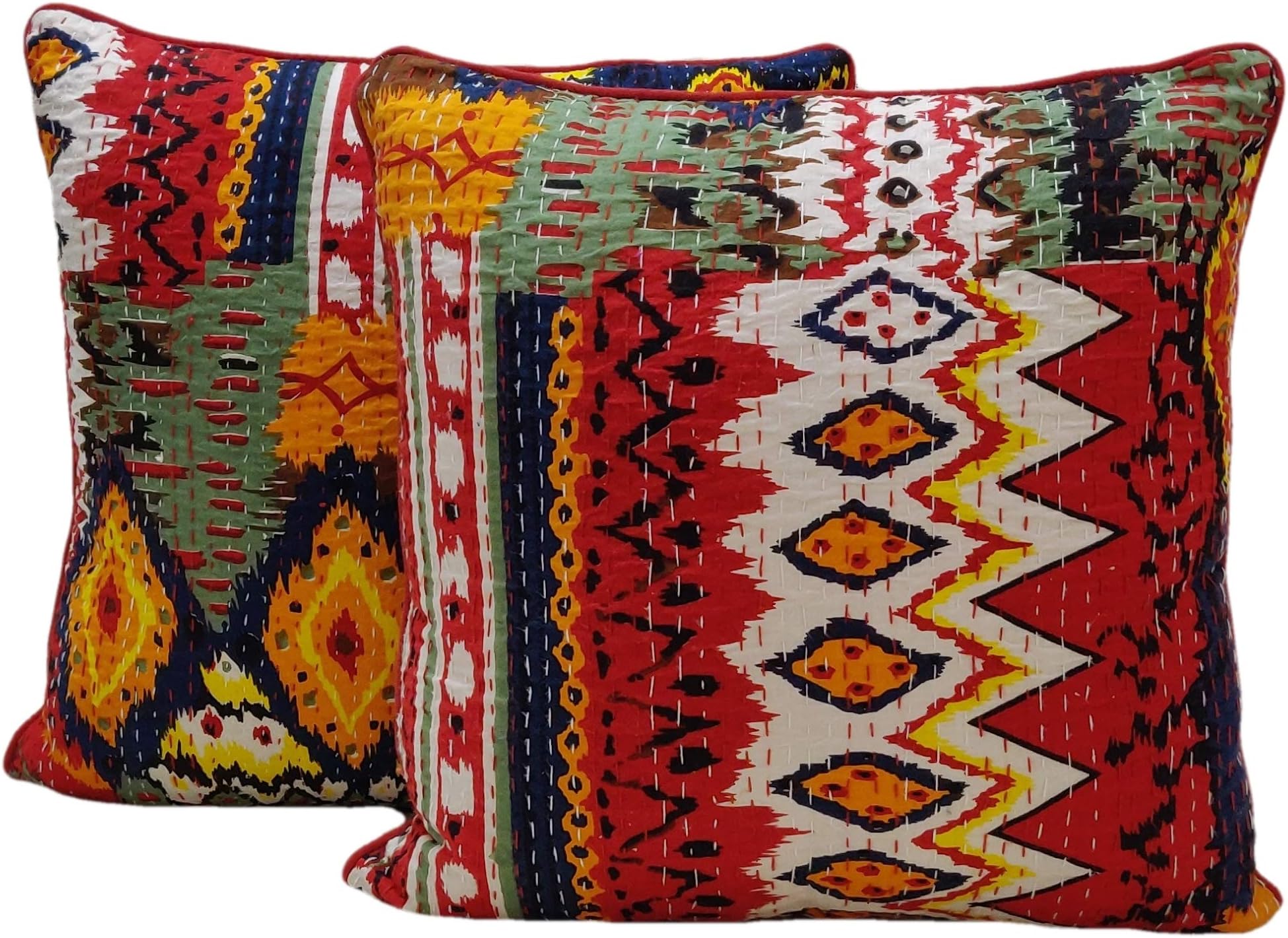AGASVI Cotton Ikat Kantha Embroidery Cushion Cover, 16x16-inch (Red, Multicolour) - Set of 2