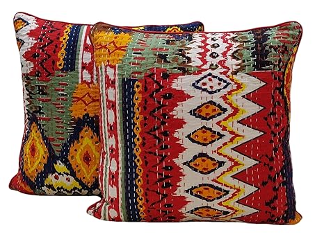 Buy Agasvi Cotton Red Ikat Kantha Hand Embroidered Square Cushion