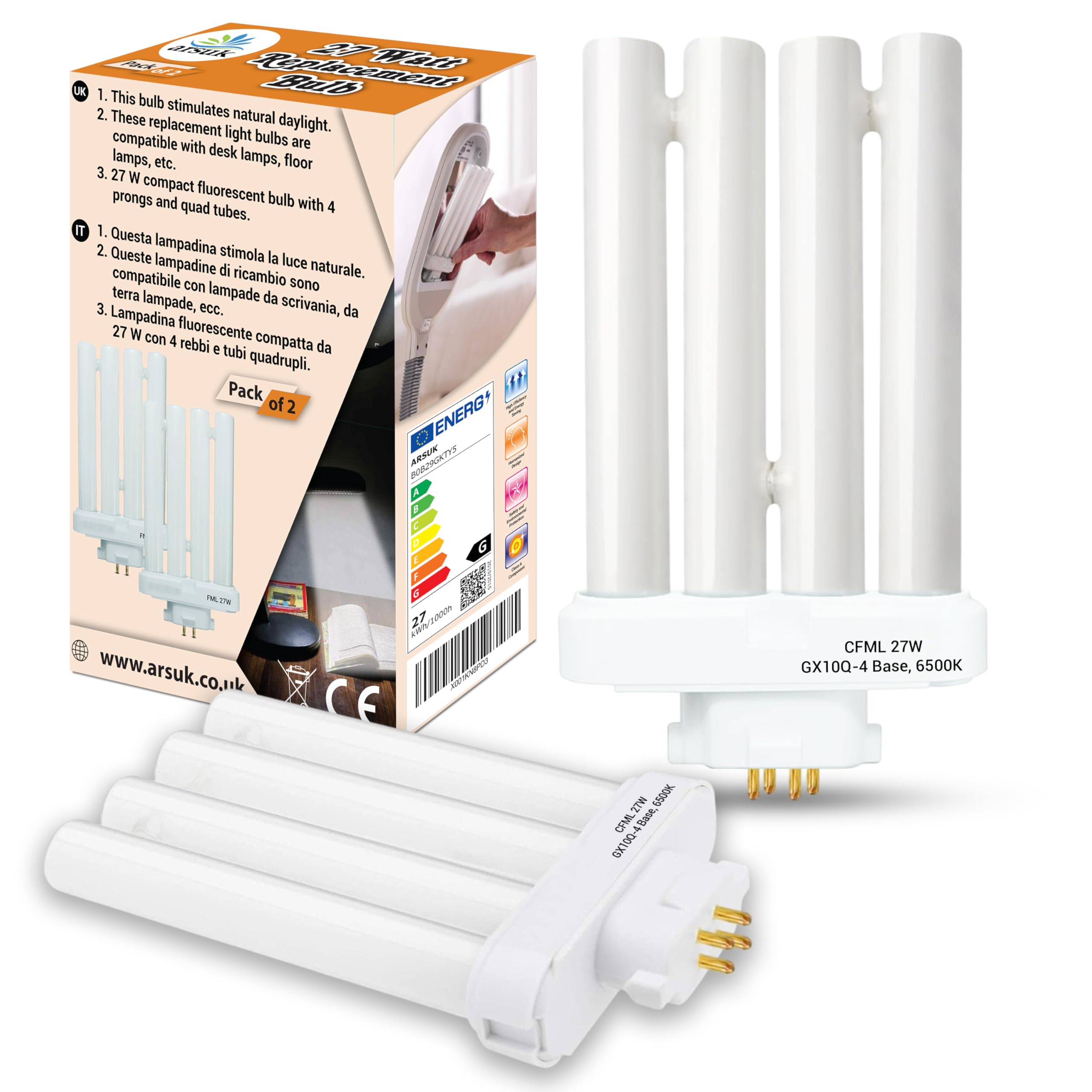 ARSUK 27W 4-Pin GX10Q-4 CFL Bulb, 6500K Daylight | FML27W 1500 Lumens Quad Tube Plug-in Compact Fluorescent Light Replacement for Desk, Reading, Office & Magnifying Lamps