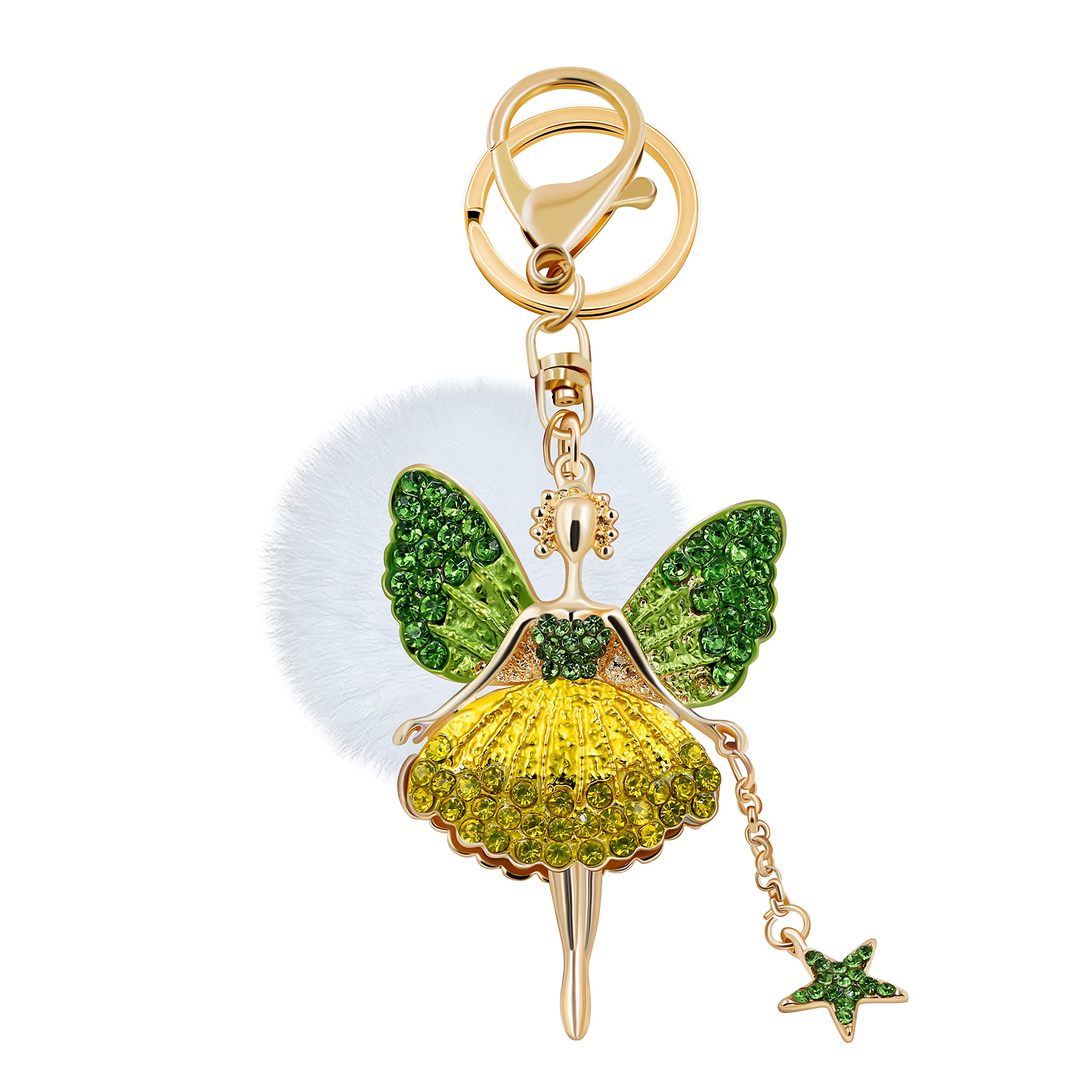Uloveido Dance Angel Girl Keyrings Yellow Crystal Keychains for Women Teenage with White Fur Ball