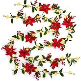 2pcs Christmas Garland with 20 LED Lights-6.5Ft Garland Christmas Decorations Indoor Multiple Mode Poinsettia Holly Per-Lit Christmas Garlands Battery Operated Garland for Mantel Stair Fireplace
