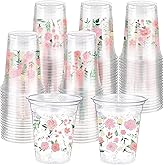 Hushee 60 Pcs Pink Floral Cups with Spring Summer Flower 16 oz Wildflowers Plastic Disposable Drinking Cups for Summer Spring Birthday Baby Shower Wedding Party Supplies