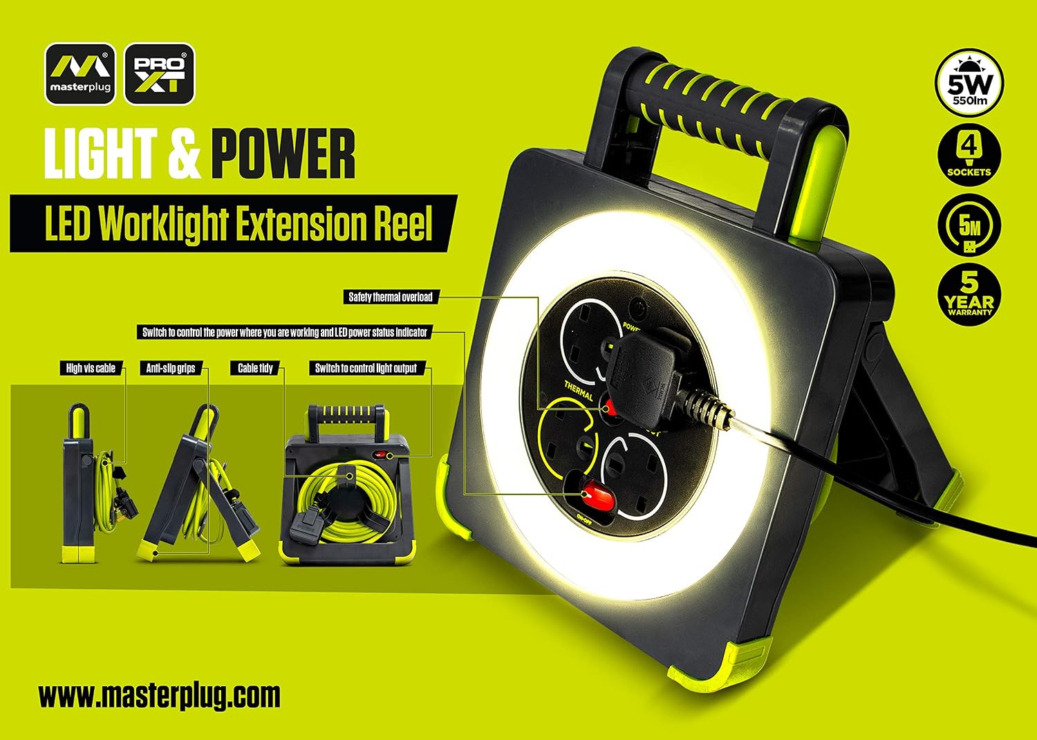 Masterplug WLU05134SL-PX Pro-XT Four Socket LED Work Light Extension Reel with Fold Out Stand - Image 4