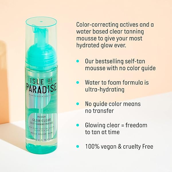 ISLE OF PARADISE GLOW CLEAR SELF-TANNING MOUSSE, MEDIUM (GOLDEN GLOW) – RED CANCELLING AND COLOR CORRECTING TANNING FOAM, VEGAN AND CRUELTY FREE, 6.76 FL OZ