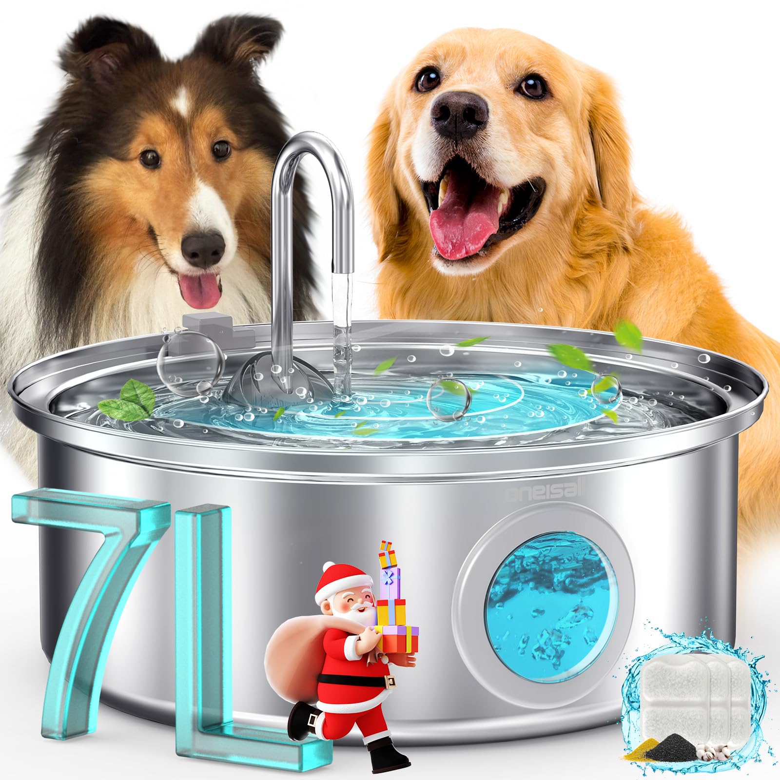 Photo 1 of *** DAMAGE TO THE BOX *** Oneisall Dog Water Fountain, 7L/230oz/1.8G Quiet Dog Fountain Water Bowl, Stainless Steel Dog Water Fountain with Visual Water Level&Triple Filtration for Large Medium Small Breed Dogs Pets