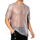 Lars Amadeus Mesh Fishnet Shirt for Men's Metallic See Through T-Shirt Short Sleeves Disco Shiny Sheer Tee