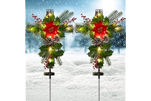 Doingart 2 Pack Outdoor Solar Lights Christmas Decorations, Cross Stake Lights with Faux Poinsettia Pine Cones Red Berries and Foliage for Garden Patio Grave