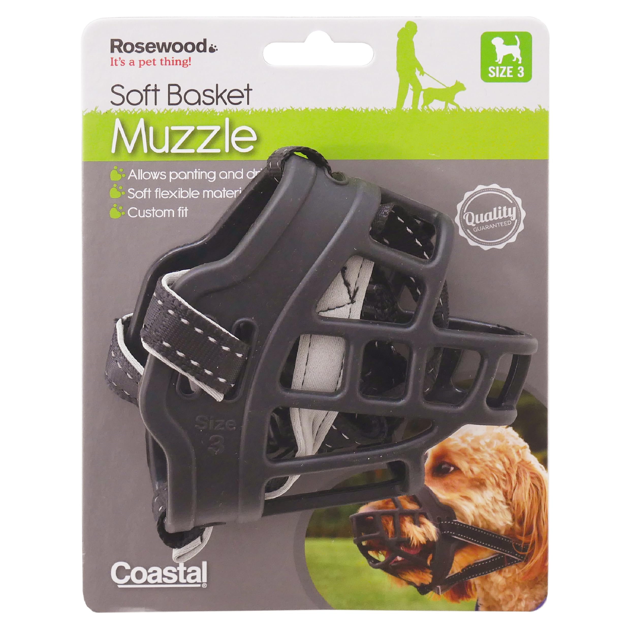 Rosewood Soft Basket Muzzle for Dogs – Padded Straps for Comfort, Ideal for Bite Risk, Wound Licking, Vets, Wildlife Hunting, Busy Environments – Comfortable and Adjustable Fit, Size 3