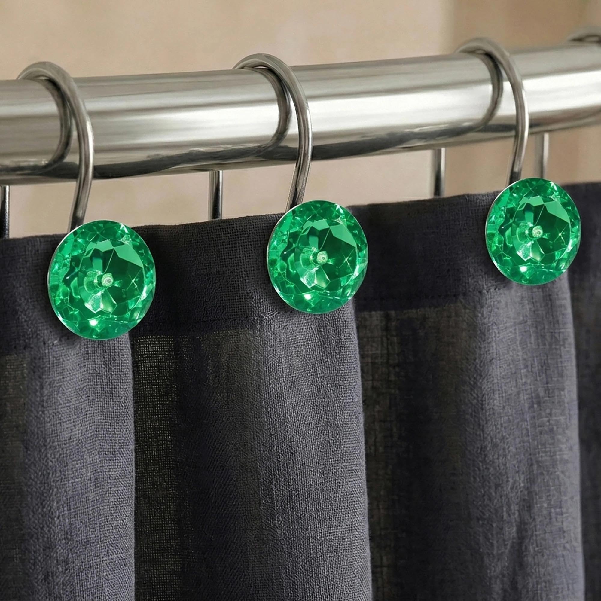 Green Crystal Shower Curtain Hooks: Emerald Bling Glitter Sparkle Shiny Round Diamond Decorative Hooks for Christmas & Holidays - Luxury Shower Curtain Rings & Hangers - Set of 12