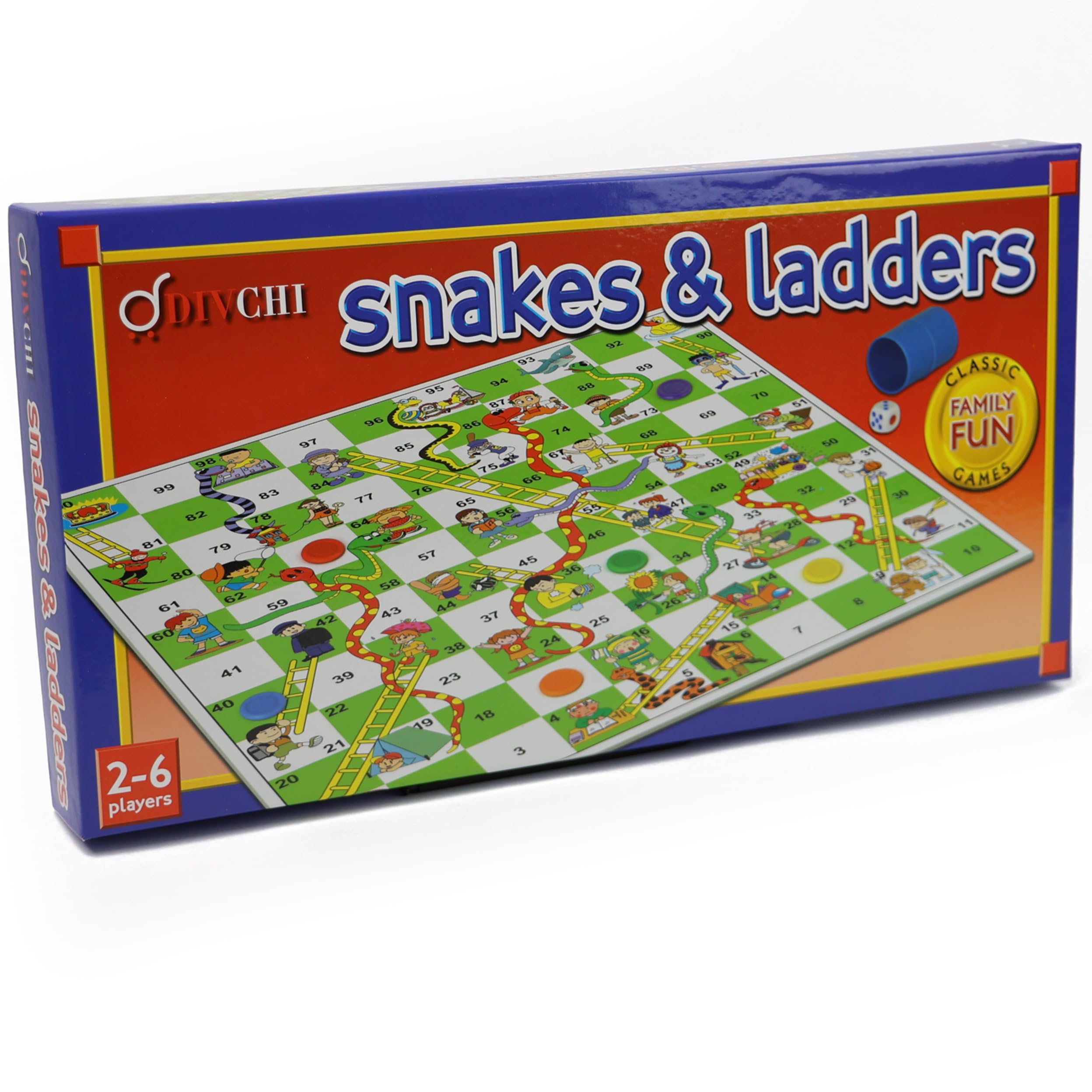 DIVCHI Snakes & Ladders Game for Kids & Adults - Traditional Board Games With Colourful Playing Pieces - For 2-6 Players - Age Years 3+