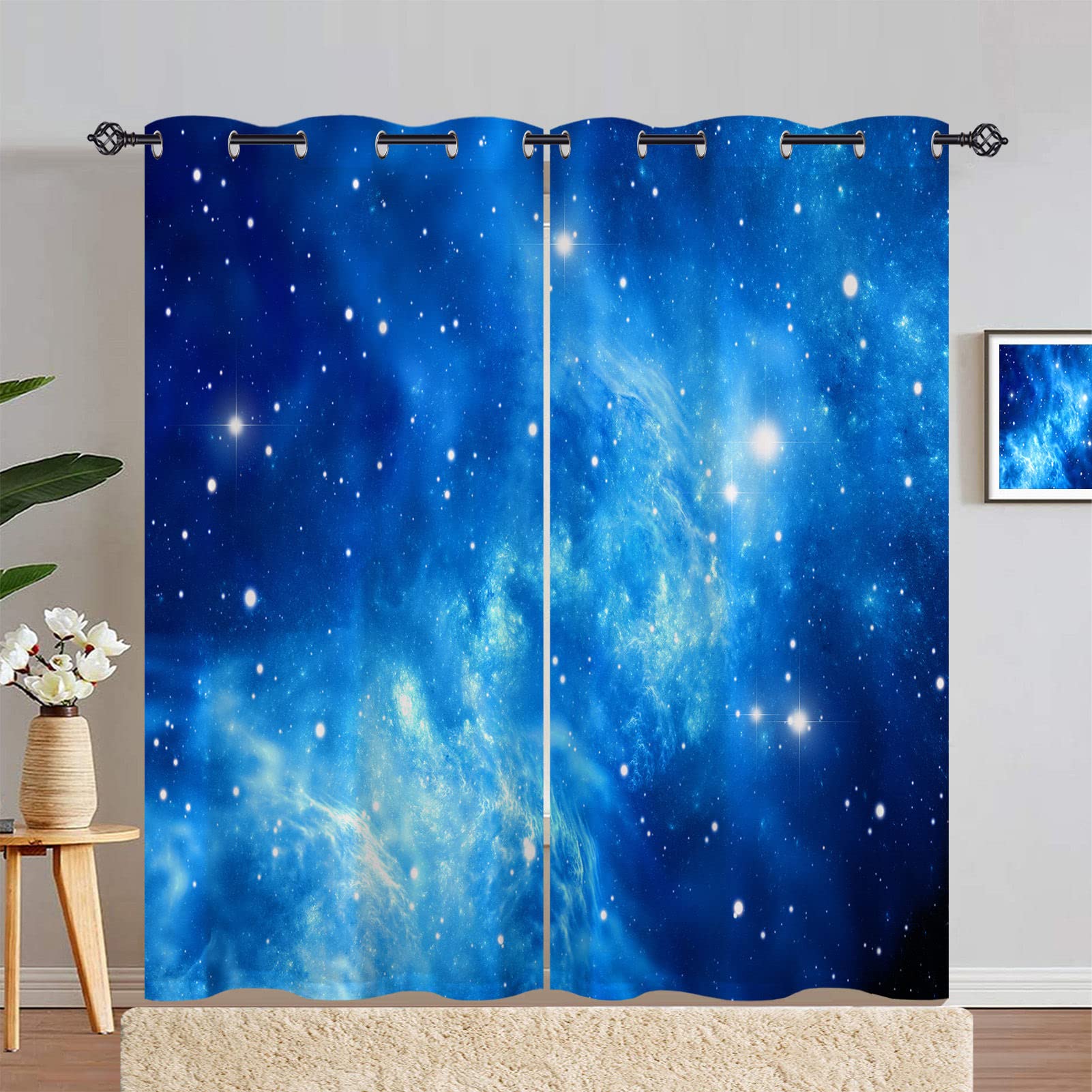 ANHOPE Blue Galaxy Curtains Eyelet 80% Blackout Room Darkening Curtains with Space Nebula Print Pattern Thermal Insulated Window Drapes for Kids Boys Bedroom Living Room 46 x 72 Inch Drop 2 Panels