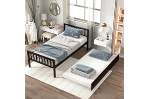 HomSof Twin Platform Bed Frame with Headboard and Footboard,for Bedroom Small Living Space, Espresso+Trundle 2