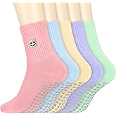 Cutecrop 5 Pairs Cute Pilates Grip Socks for Women, Non Slip Yoga Cotton Grippy Barre Crew Socks for Workout Athletic Hospital Ballet Gifts