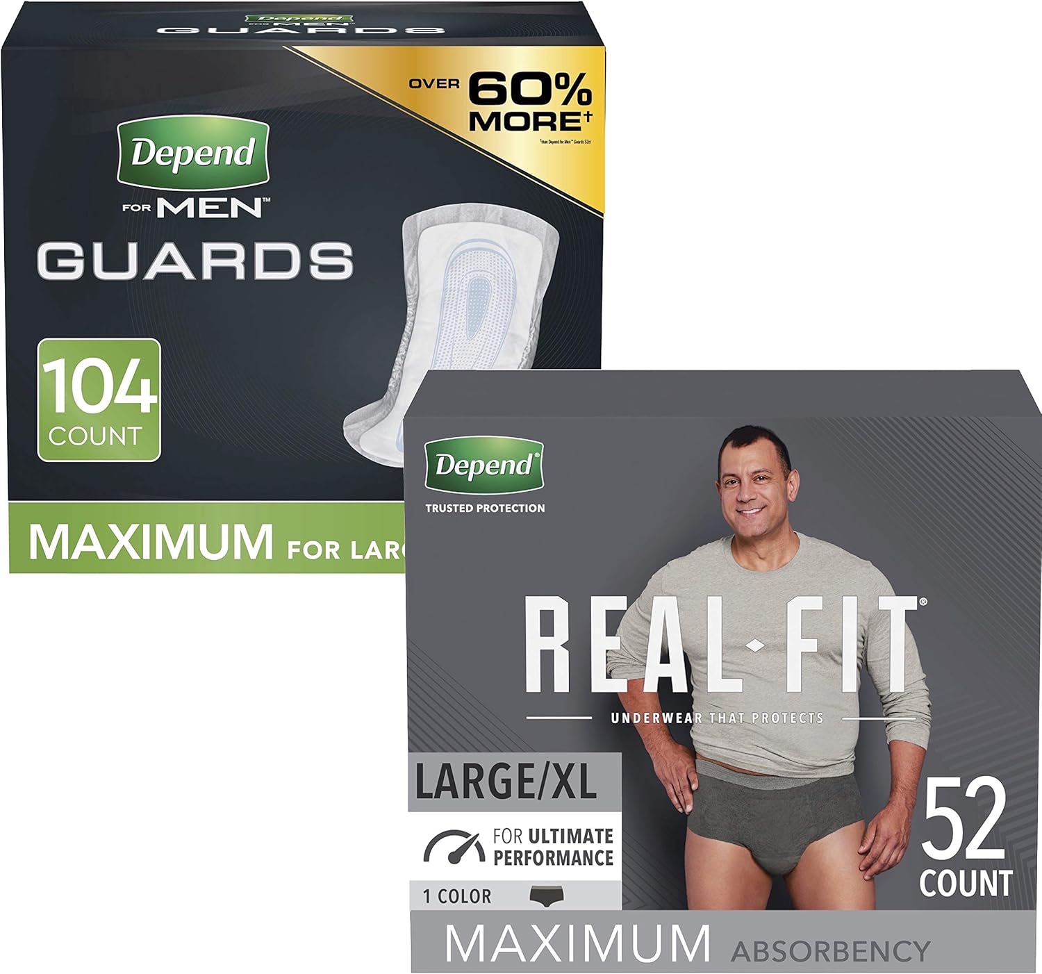 Depend Incontinence Guards/Bladder Control Pads for Men, Maximum Absorbency, 104 Count (2 Packs of 52) (Packaging May Vary): Health & Personal Care