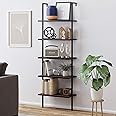 Nathan James Theo 5-Shelf Wood Modern Bookcase, Open Wall Mount Ladder Bookshelf with Industrial Metal Frame, Brown Walnut/Bl