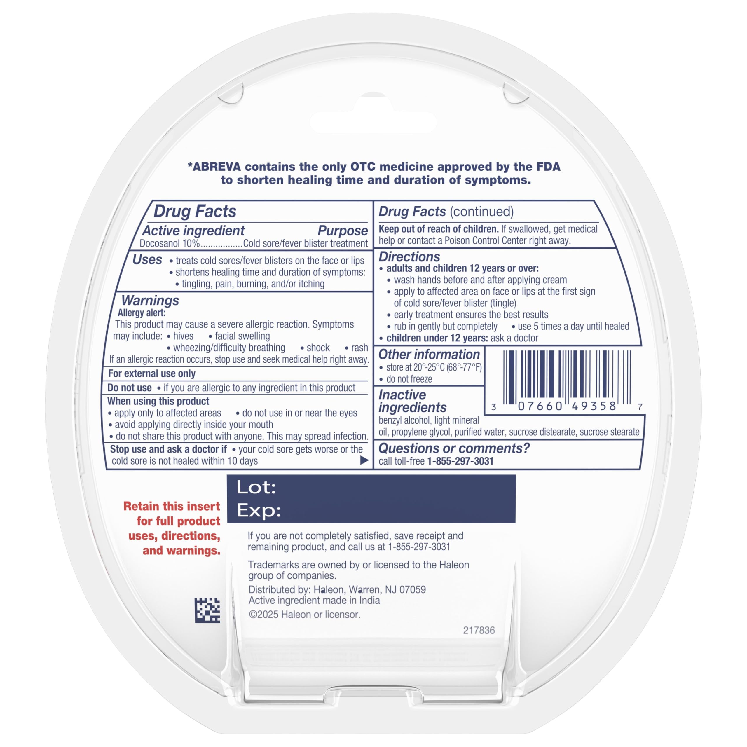 Abreva 10 Percent Docosanol Cold Sore Treatment, Treats Your Fever Blister in 2.5 Days - 0.07 oz Tube x 2