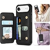 TUCCH Card Case Wallet for iPhone Air (6.5") 2025, RFID Blocking 3 Card Slots | Crossbody Lanyard Strap | Clear ID Window | Undetachable | Magnetic Closure PU Leather | Shockproof Phone Cover | Black
