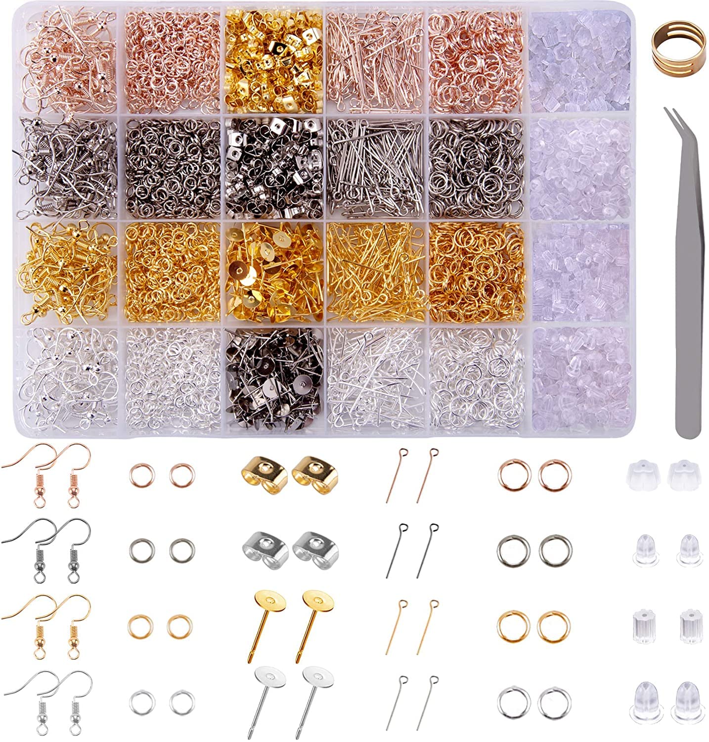 Moguxb Earring Making Kit 3600Pcs with Earring Hooks Earring Backs Earring Posts Jump Rings Eye Pins Tweezers and Jump Ring Opener for Earrings Making Supplies and Repairing
