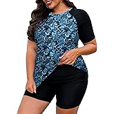 Tralilbee Plus Size Swimsuit for Women Two Piece Short Sleeve Swim Tops Bathing Suits with Shorts L-4X