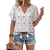 Unixseque Summer Tops for Women Casual Boho Blouses Short Sleeve V Neck Shirts Tie Front 2025 Trendy Beach Vacation Clothes