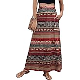 XSRYT 2025 Womens Boho Floral Maxi Skirt Fall Winter Stylish Elastic High Waisted A Line Long Skirts with Pockets