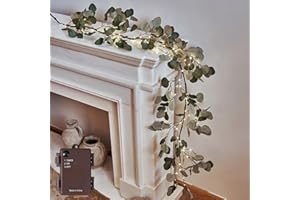LITBLOOM Lighted Eucalyptus Garland Battery Operated with Timer 6FT 96 LED Artificial Greenery Twig Vine Lights for Room Stairs Mantle Wedding Holiday Decoration Indoor Outdoor