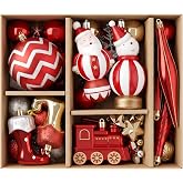 Christmas Tree Decorations Ball Ornaments Set, Shatterproof Red and Gold | 62ct Hanging Ornament Balls Assorted with Santa, Snowman, Train, Icicle Drop & Snowflake Tree Hanging Decor for Xmas