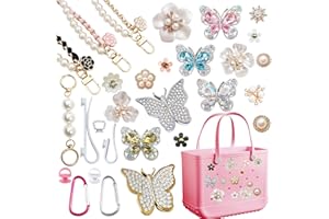 JITINX Charms for Bogg Bag (29 Pcs),Pearls and Butterfly Flowers for Bogg Bag Accessories Charms Compatible with Simply Southern Beach Bag Tote, Insert for Beach Tote Bag