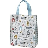 Primitives by Kathy All You Need Is Love And A Dog Daily Tote Bag, double-sided,"All You Need Is Love And A Dog" sentiment with all-over dog themed block print design/complementing blue straps