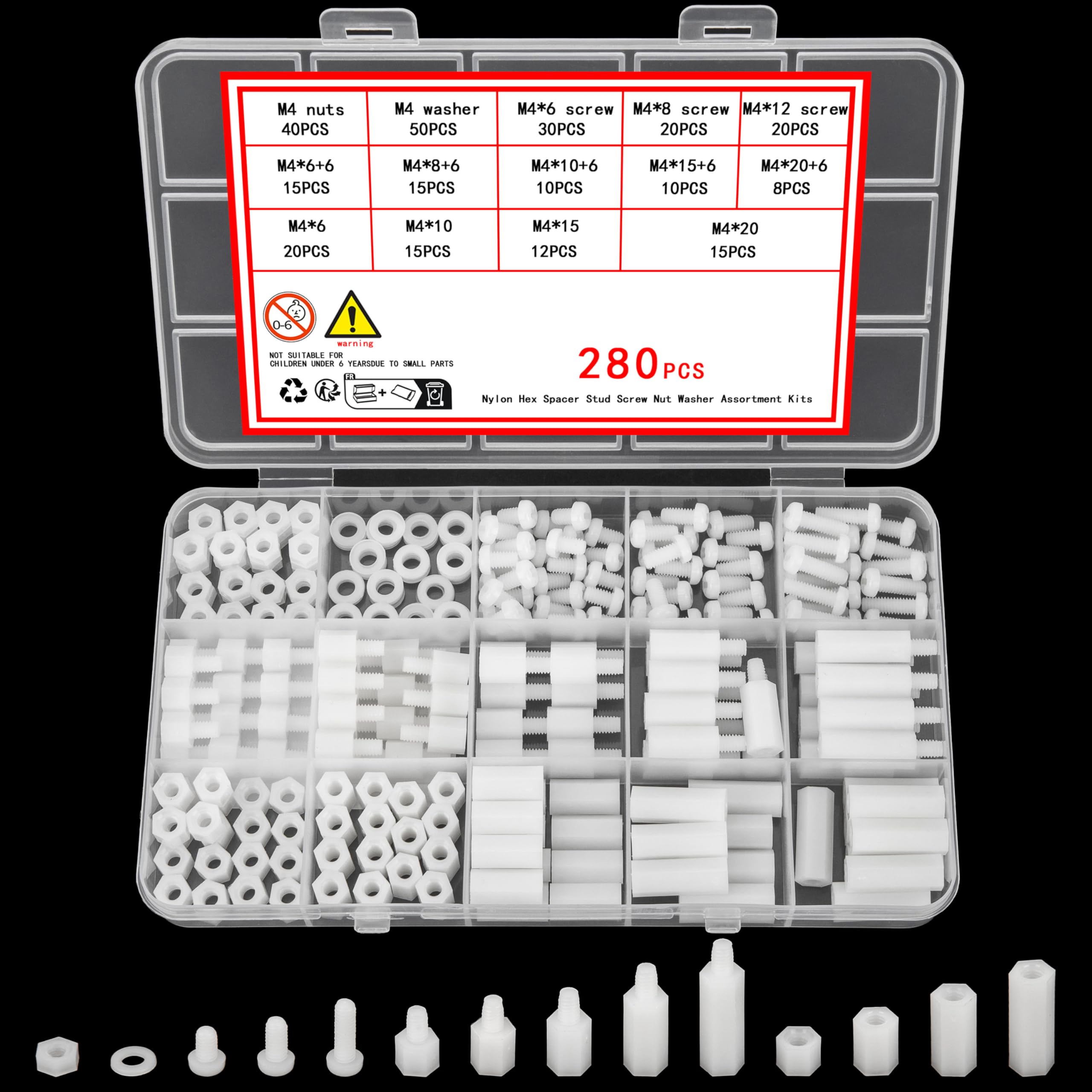 Ewwtrey 280 Pcs M4 Male Female Nylon Spacer Standoff Screw Nuts, Assorted White Nylon Threaded Pillars, Cross Head Standoff Spacer Pillar Spacers Washers Assortment Kit for PCB Board Motherboard