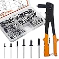 ISPINNER 225pcs Black Aluminum Blind Rivets Assortment Kit with Heavy Duty Hand Riveter Rivet Gun Tool, 6 Sizes Pop Rivets with Divider & Labeled Case