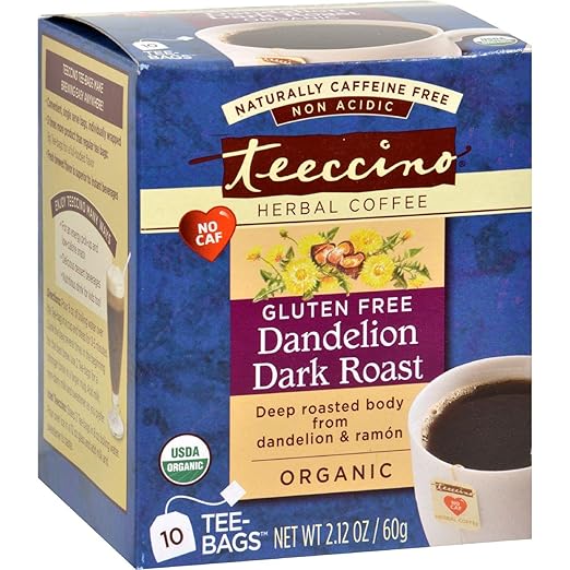 Teeccino, Organic Herbal Coffee, Dandelion Dark Roast, Caffeine Free, (6 X 10 Tee Bags, 2.12 Oz)