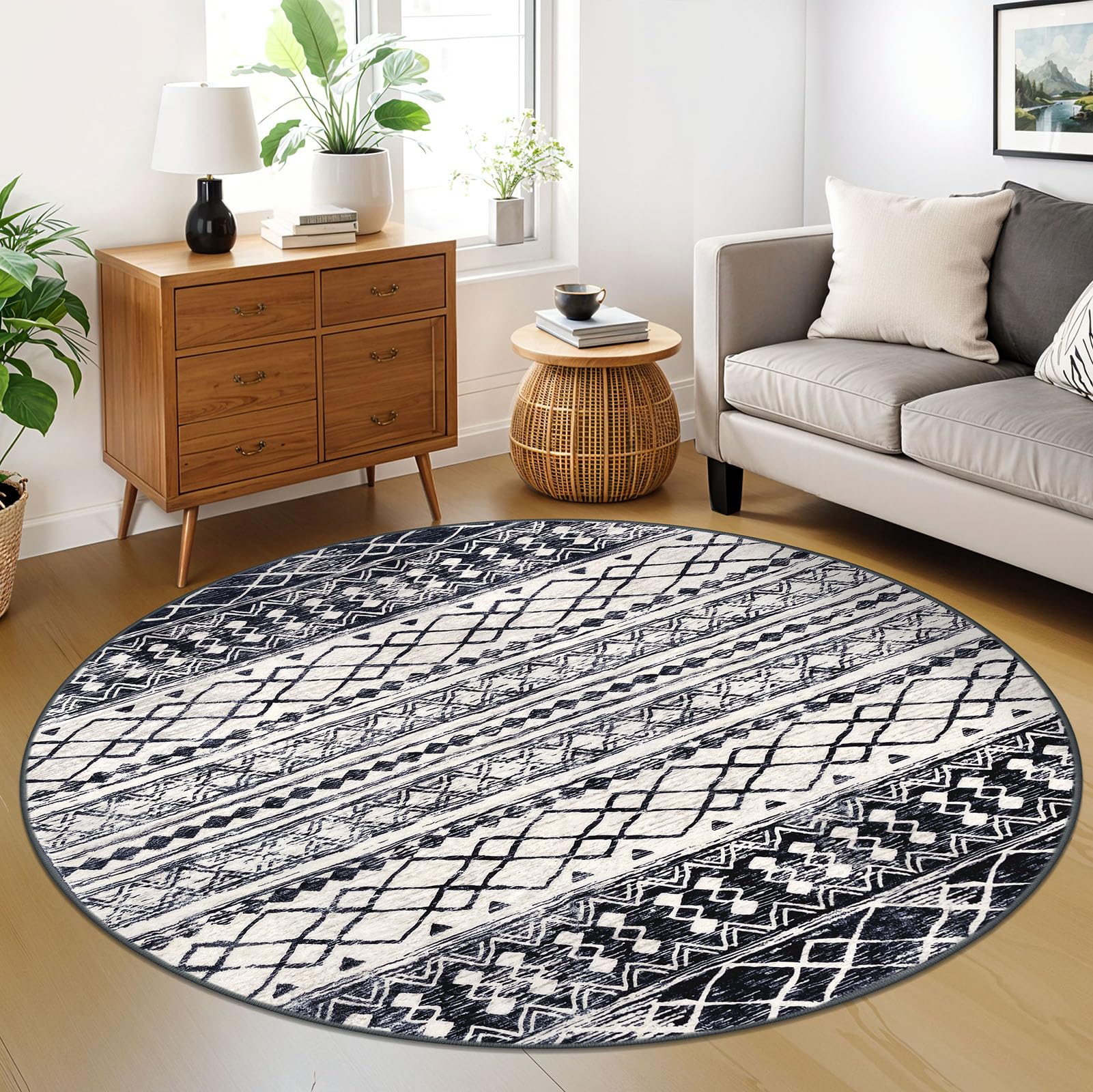 KUTA 6Ft Round Boho Rug for Living Room, Moroccan Washable Circle Area Rugs Non Slip, Black Navy Blue Soft Geometric Bedroom Throw Low-Pile Carpet for Nursery Dorm Image